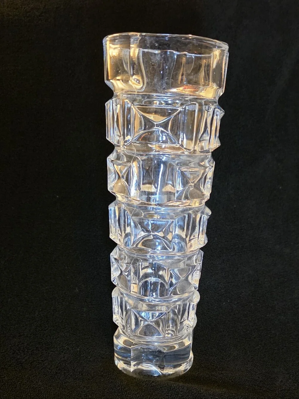 Vintage Heavy Clear Glass Vase Geometric Space Age Brutalist 8.75
